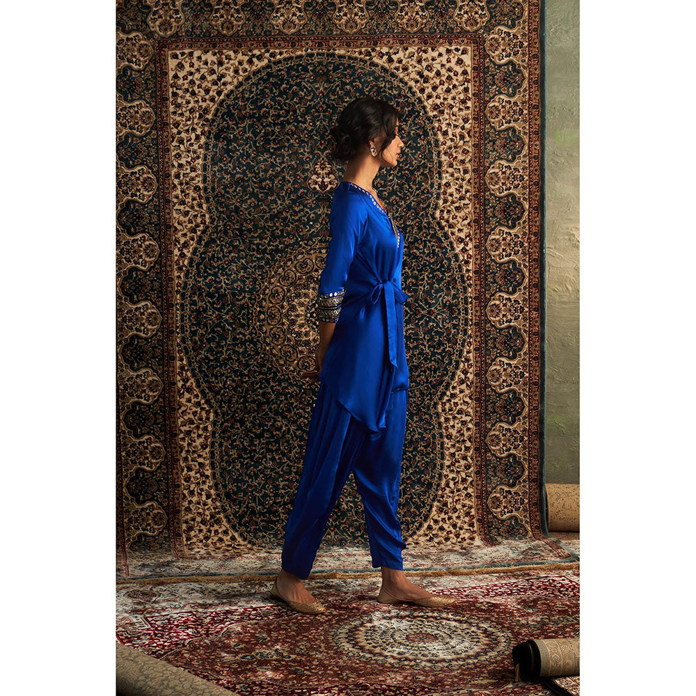 Charkhee Blue Prarambh Embroidered Wrap Kurti with Salwar (Set of 2)