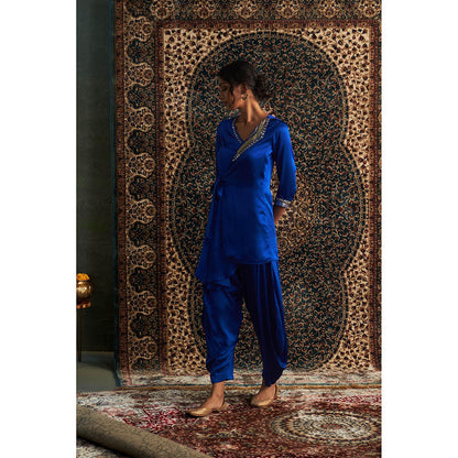 Charkhee Blue Prarambh Embroidered Wrap Kurti with Salwar (Set of 2)