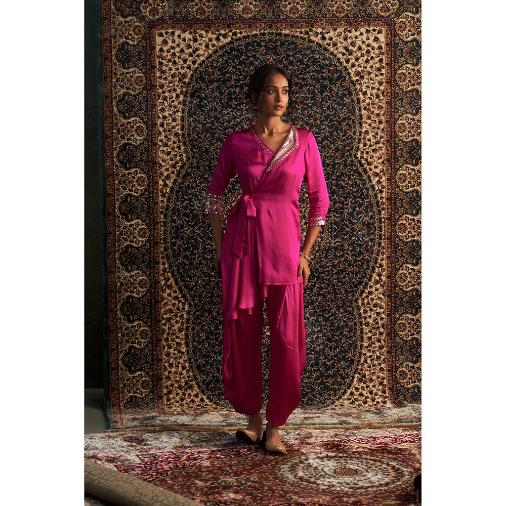 Charkhee Rani Pink Embroidered Wrap Kurti with Salwar (Set of 2)