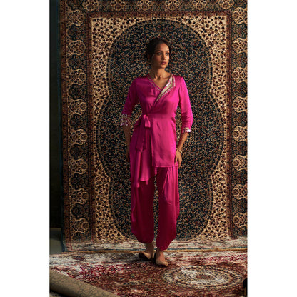 Charkhee Rani Pink Embroidered Wrap Kurti with Salwar (Set of 2)