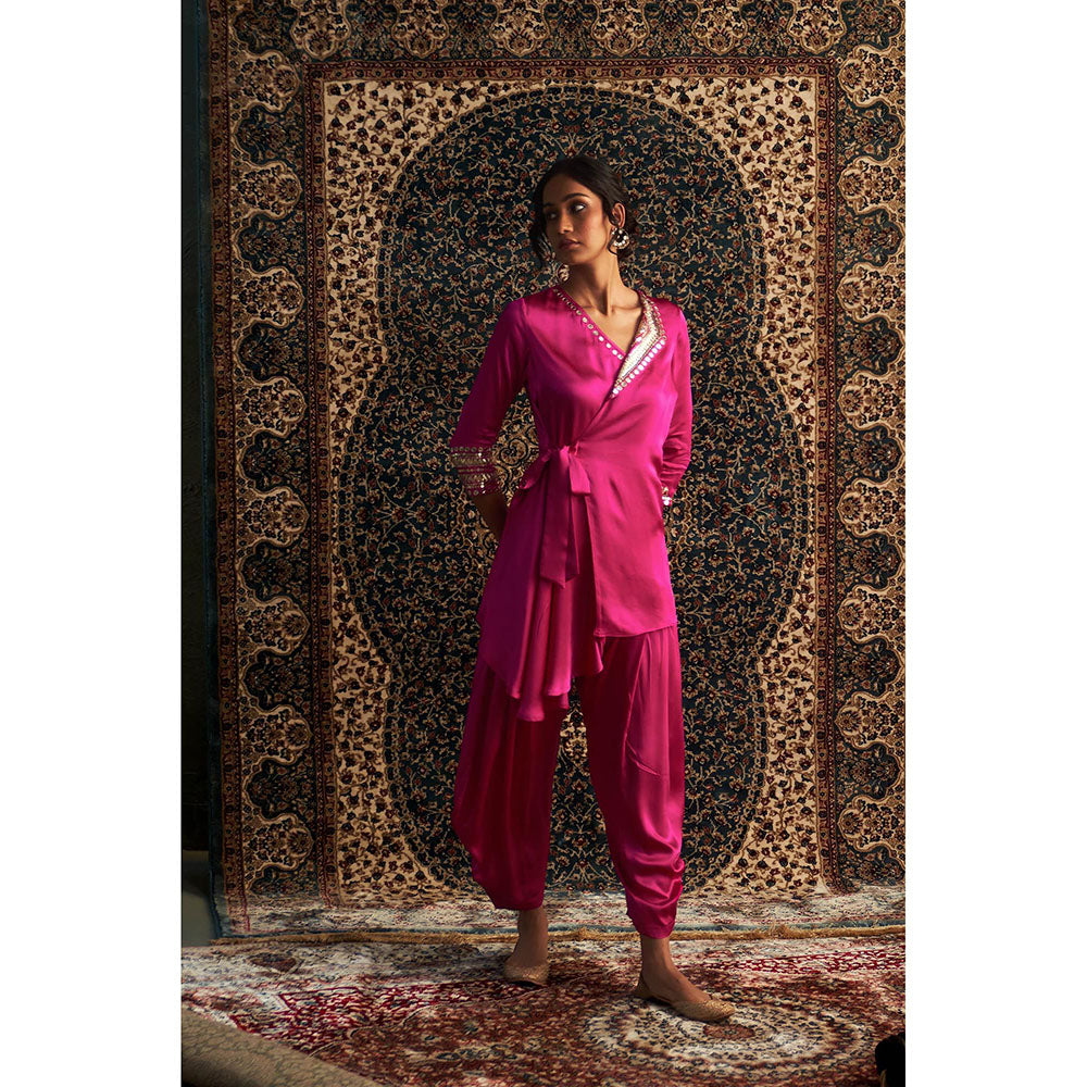 Charkhee Rani Pink Embroidered Wrap Kurti with Salwar (Set of 2)