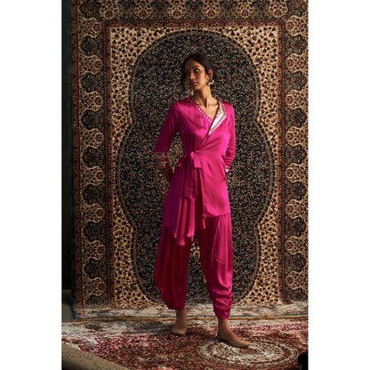 Charkhee Rani Pink Embroidered Wrap Kurti with Salwar (Set of 2)