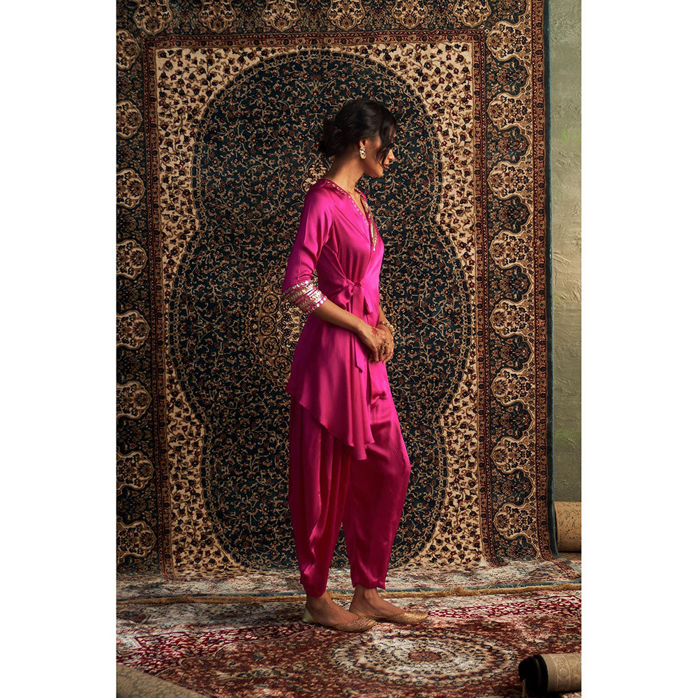 Charkhee Rani Pink Embroidered Wrap Kurti with Salwar (Set of 2)