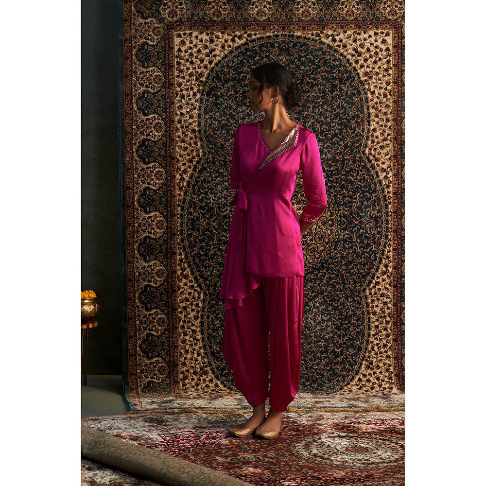 Charkhee Rani Pink Embroidered Wrap Kurti with Salwar (Set of 2)