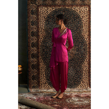 Charkhee Rani Pink Embroidered Wrap Kurti with Salwar (Set of 2)