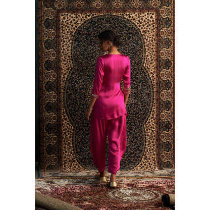 Charkhee Rani Pink Embroidered Wrap Kurti with Salwar (Set of 2)