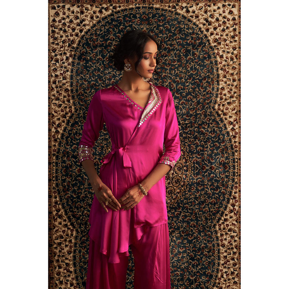 Charkhee Rani Pink Embroidered Wrap Kurti with Salwar (Set of 2)
