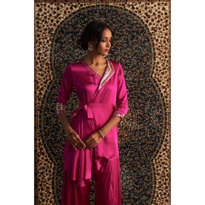 Charkhee Rani Pink Embroidered Wrap Kurti with Salwar (Set of 2)