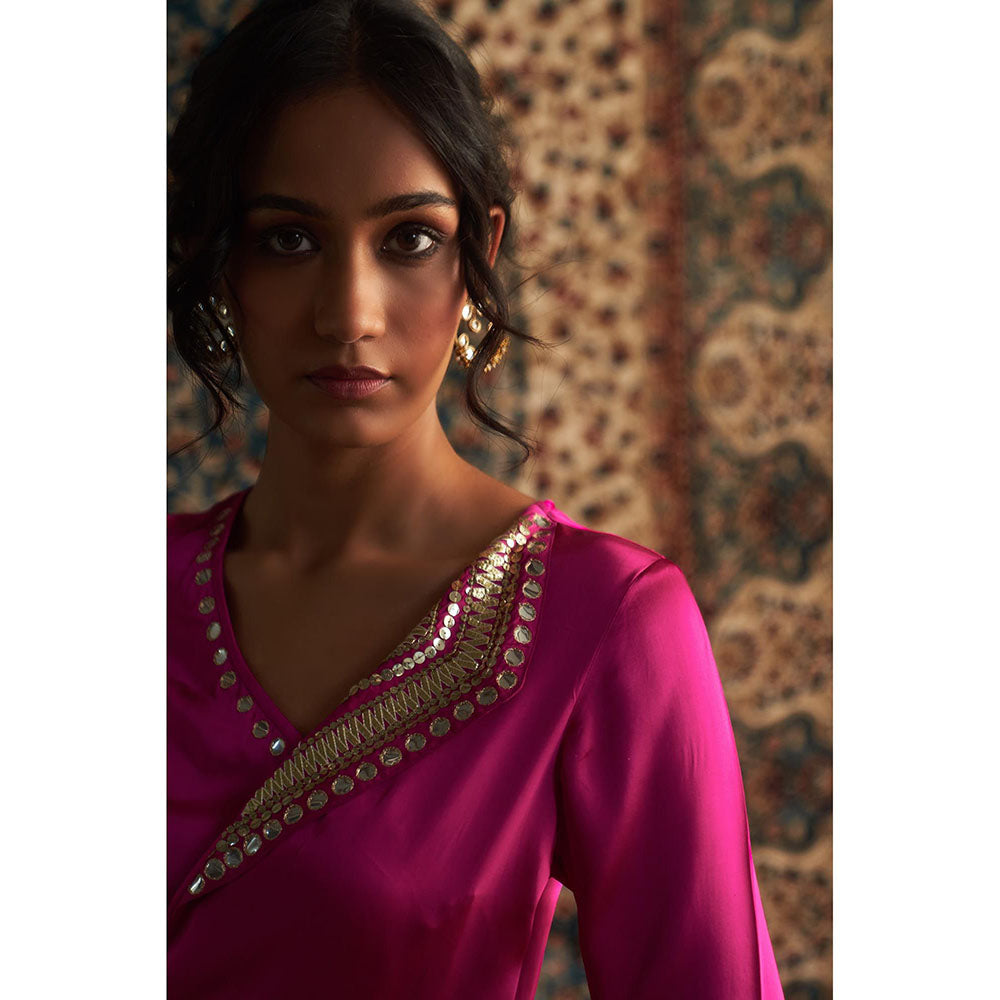 Charkhee Rani Pink Embroidered Wrap Kurti with Salwar (Set of 2)