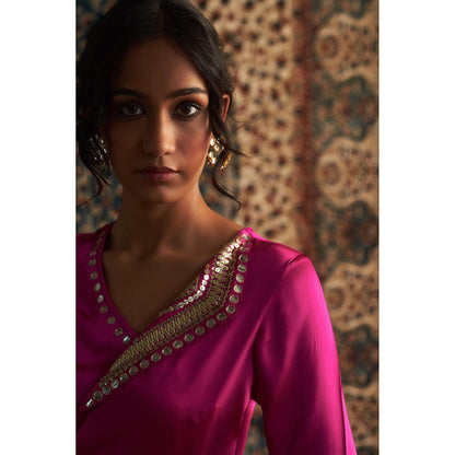 Charkhee Rani Pink Embroidered Wrap Kurti with Salwar (Set of 2)