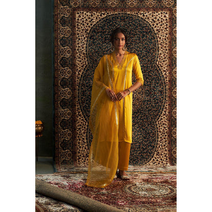 Charkhee Yellow Marigold Embroidered Kurta with Pant and Dupatta (Set of 3)