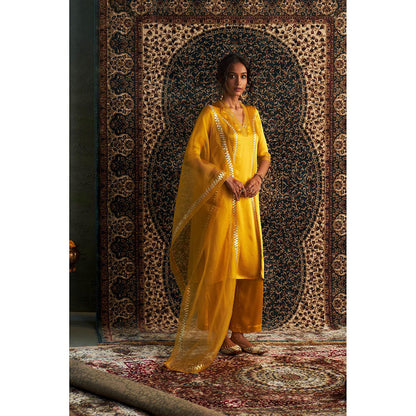 Charkhee Yellow Marigold Embroidered Kurta with Pant and Dupatta (Set of 3)