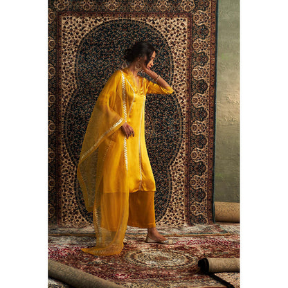 Charkhee Yellow Marigold Embroidered Kurta with Pant and Dupatta (Set of 3)