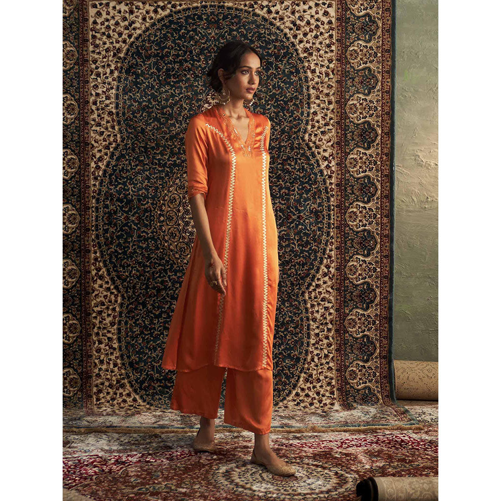 Charkhee Orange Saffron Embroidered Kurta with Pant and Dupatta (Set of 3)
