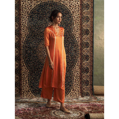 Charkhee Orange Saffron Embroidered Kurta with Pant and Dupatta (Set of 3)