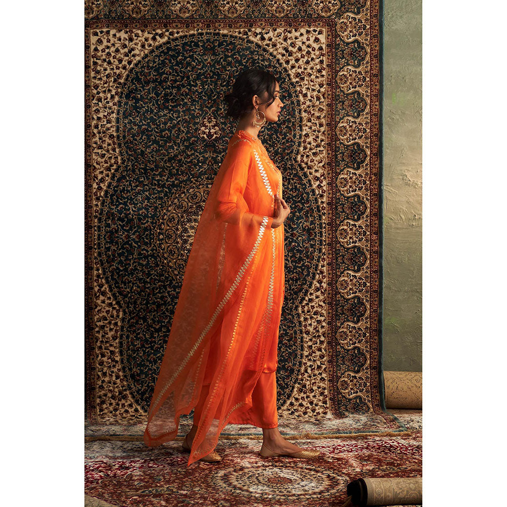 Charkhee Orange Saffron Embroidered Kurta with Pant and Dupatta (Set of 3)