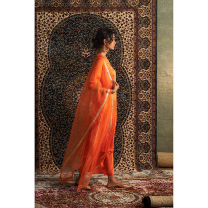 Charkhee Orange Saffron Embroidered Kurta with Pant and Dupatta (Set of 3)