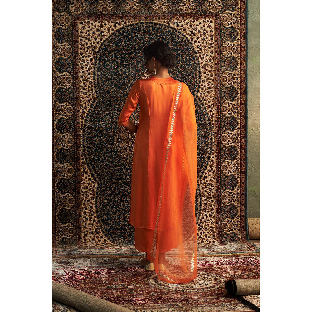 Charkhee Orange Saffron Embroidered Kurta with Pant and Dupatta (Set of 3)