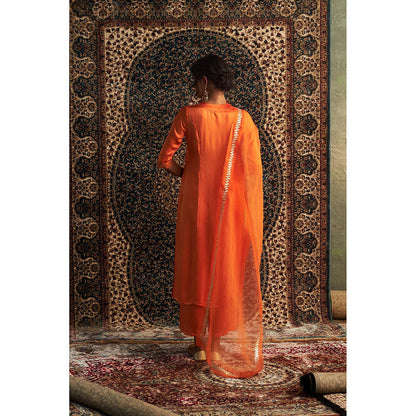Charkhee Orange Saffron Embroidered Kurta with Pant and Dupatta (Set of 3)