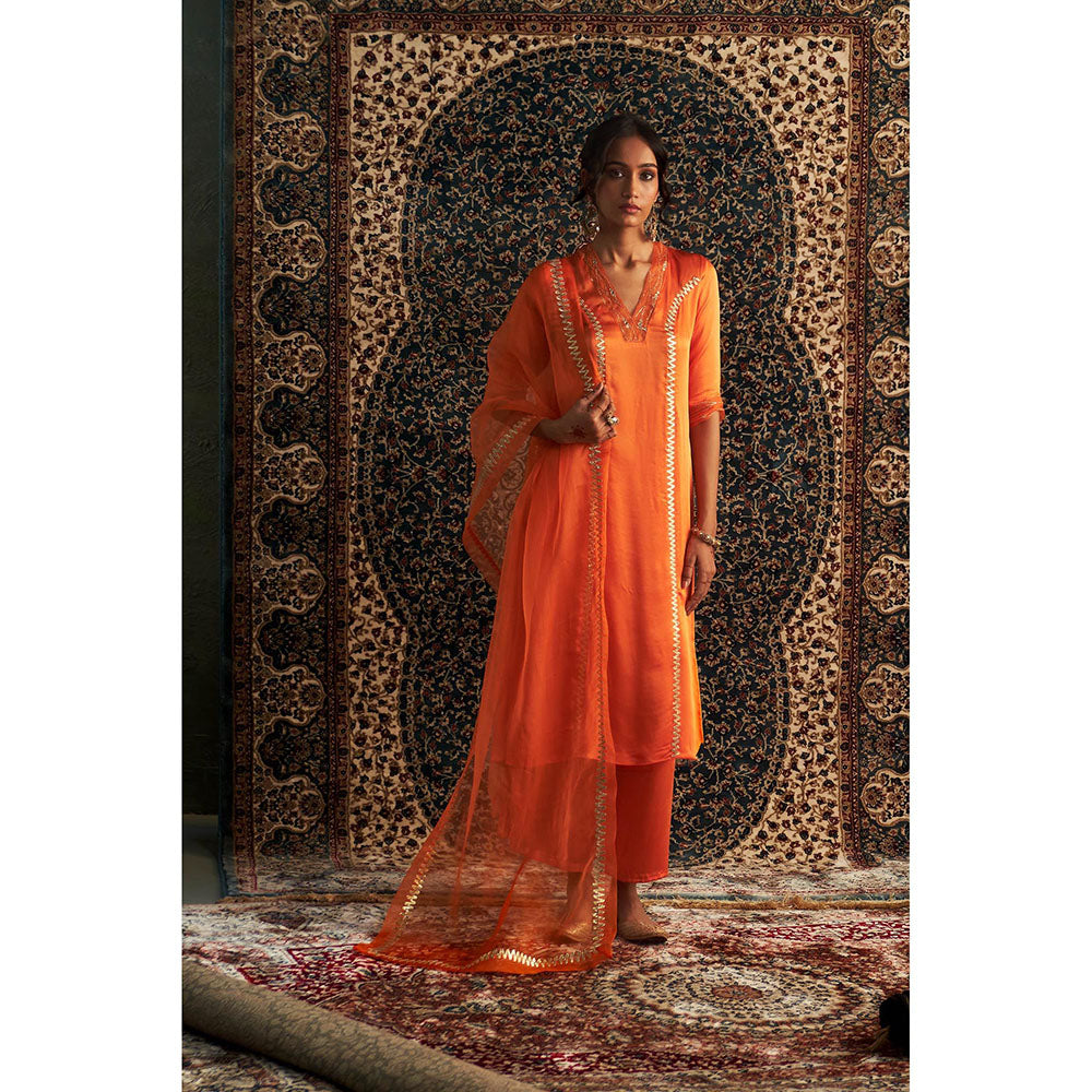 Charkhee Orange Saffron Embroidered Kurta with Pant and Dupatta (Set of 3)
