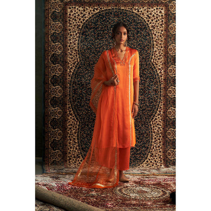 Charkhee Orange Saffron Embroidered Kurta with Pant and Dupatta (Set of 3)
