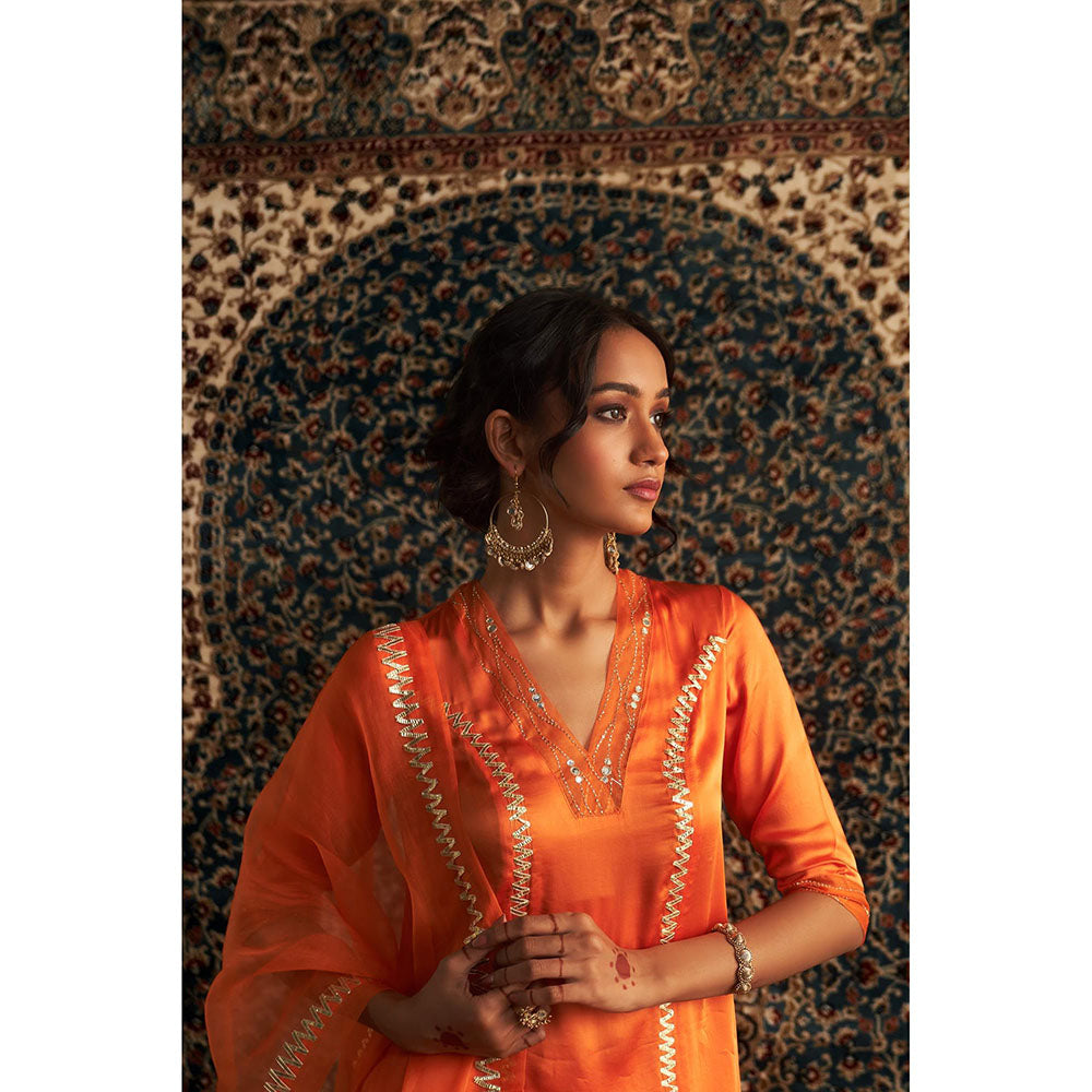 Charkhee Orange Saffron Embroidered Kurta with Pant and Dupatta (Set of 3)