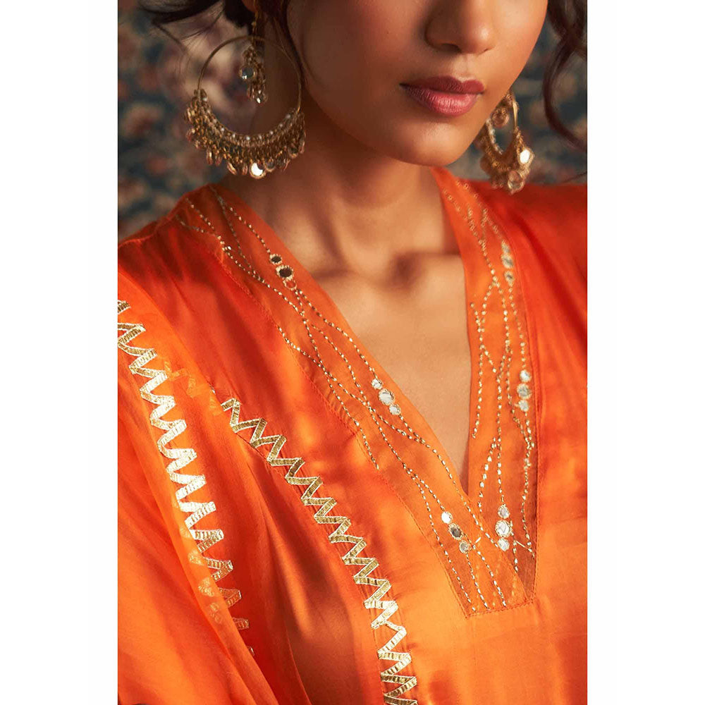 Charkhee Orange Saffron Embroidered Kurta with Pant and Dupatta (Set of 3)