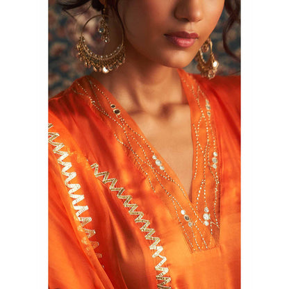 Charkhee Orange Saffron Embroidered Kurta with Pant and Dupatta (Set of 3)