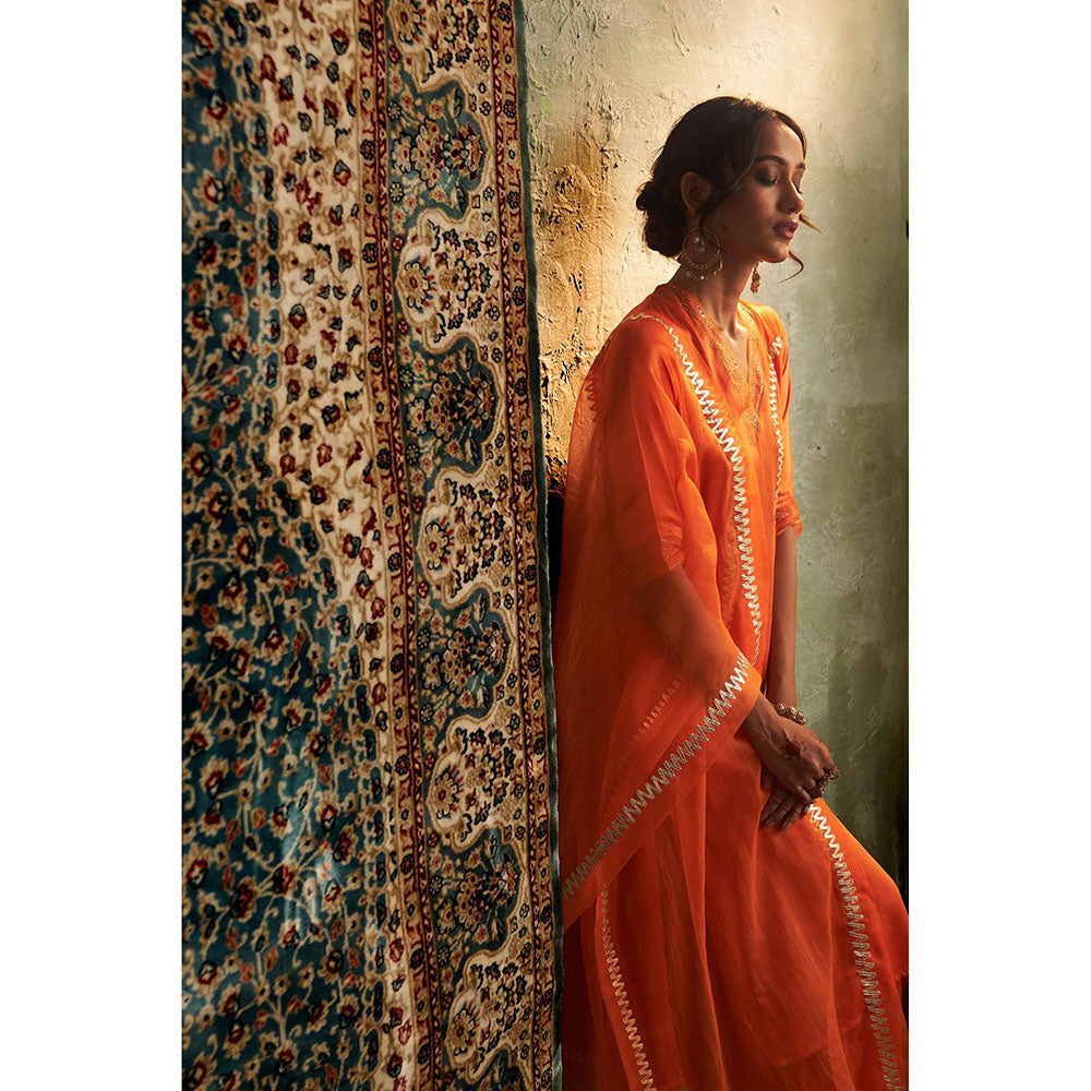 Charkhee Orange Saffron Embroidered Kurta with Pant and Dupatta (Set of 3)