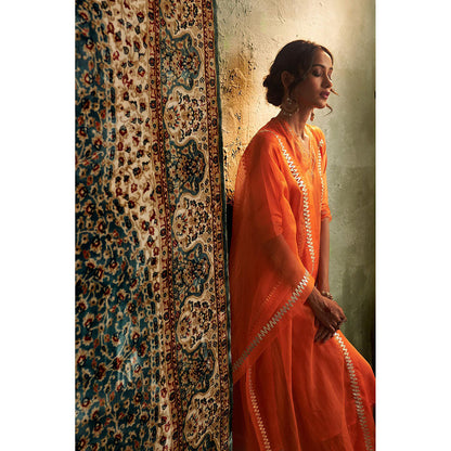 Charkhee Orange Saffron Embroidered Kurta with Pant and Dupatta (Set of 3)