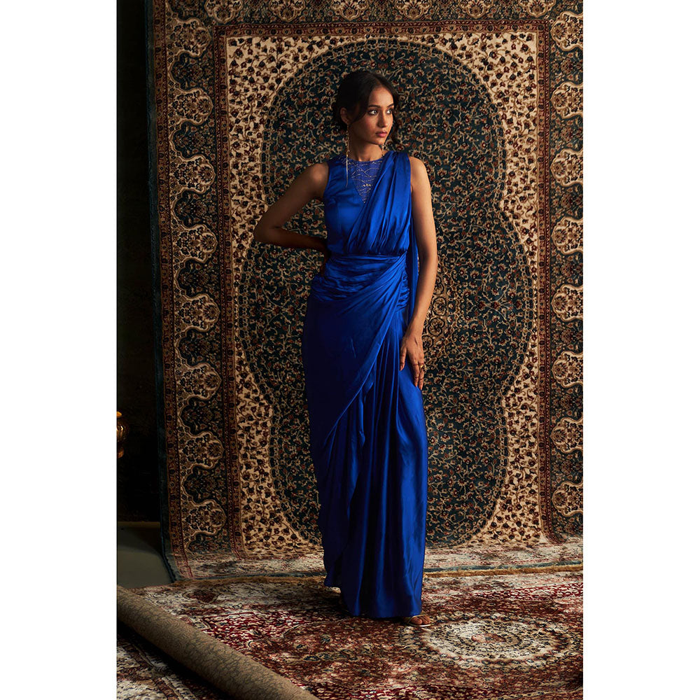 Charkhee Blue Neel Embroidered Gown with Attached Draped