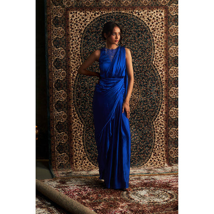 Charkhee Blue Neel Embroidered Gown with Attached Draped