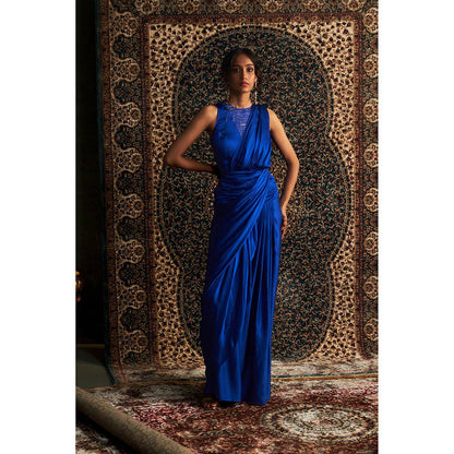 Charkhee Blue Neel Embroidered Gown with Attached Draped
