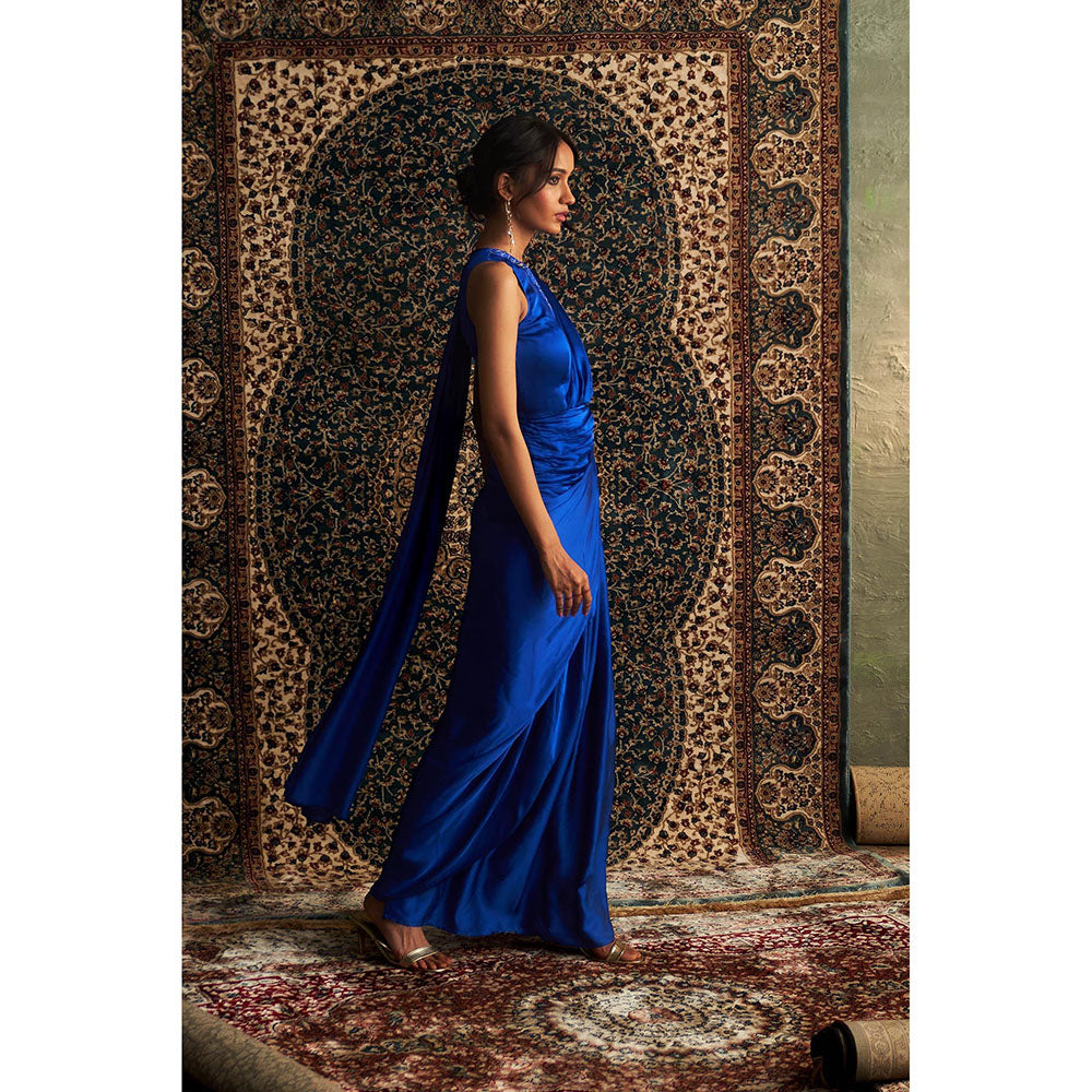 Charkhee Blue Neel Embroidered Gown with Attached Draped