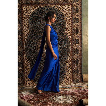 Charkhee Blue Neel Embroidered Gown with Attached Draped