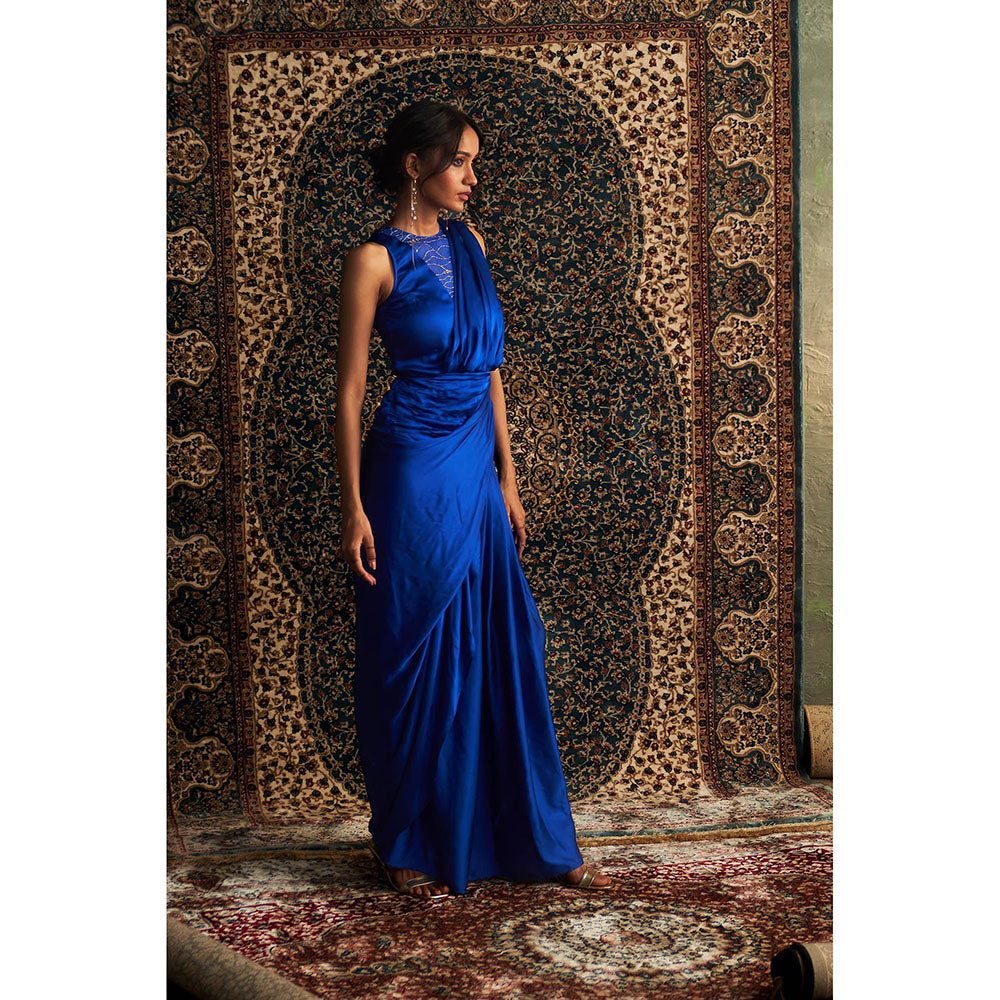 Charkhee Blue Neel Embroidered Gown with Attached Draped