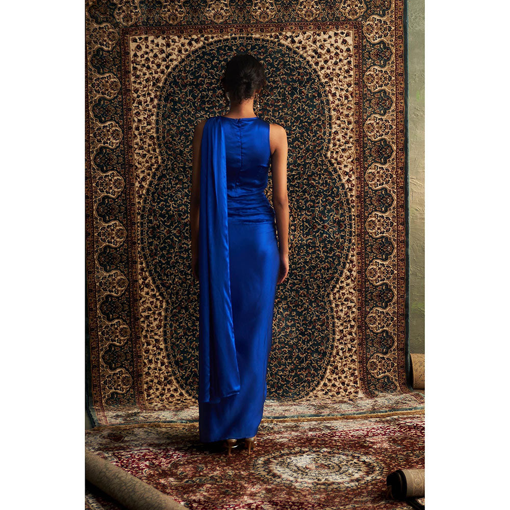 Charkhee Blue Neel Embroidered Gown with Attached Draped