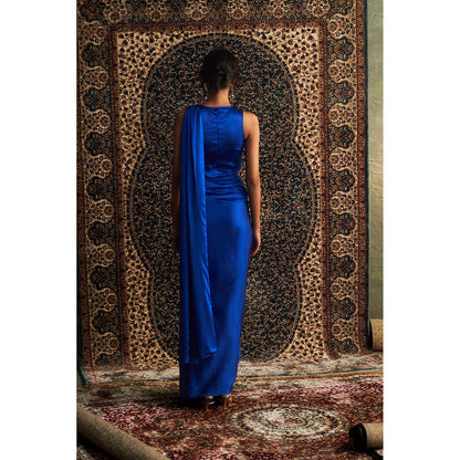 Charkhee Blue Neel Embroidered Gown with Attached Draped