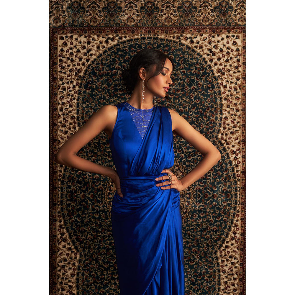 Charkhee Blue Neel Embroidered Gown with Attached Draped
