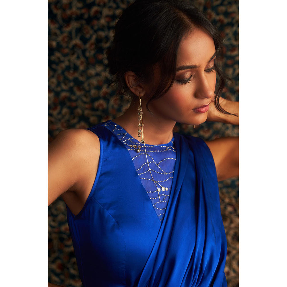 Charkhee Blue Neel Embroidered Gown with Attached Draped