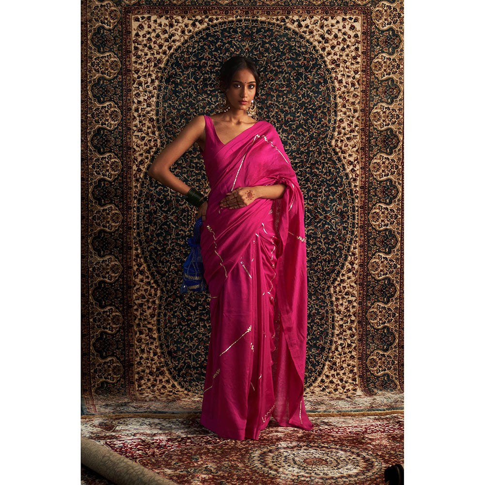 Charkhee Prarambh Rani Pink Embroidered Chanderi Saree with Stitched Blouse