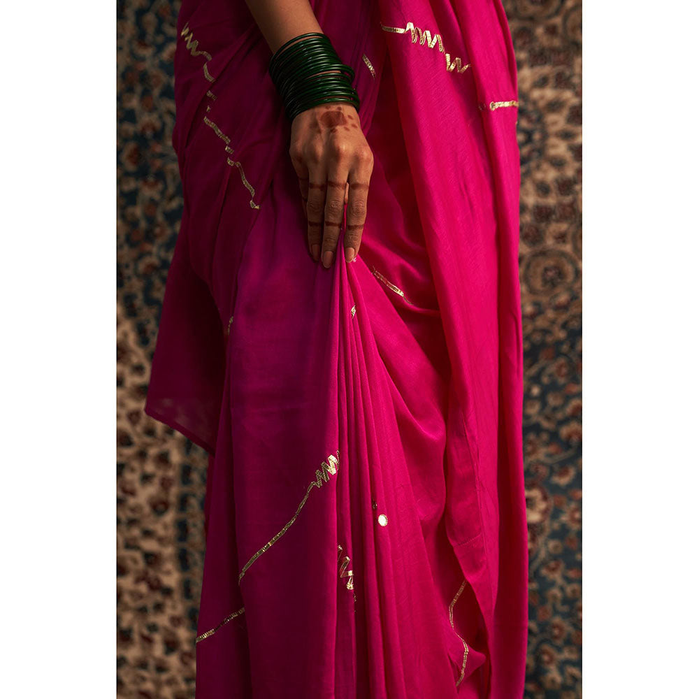 Charkhee Prarambh Rani Pink Embroidered Chanderi Saree with Stitched Blouse