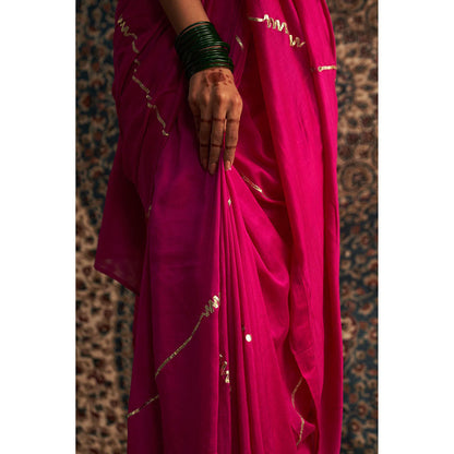 Charkhee Prarambh Rani Pink Embroidered Chanderi Saree with Stitched Blouse