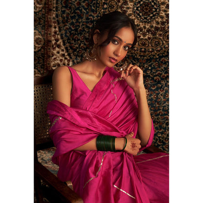 Charkhee Prarambh Rani Pink Embroidered Chanderi Saree with Stitched Blouse