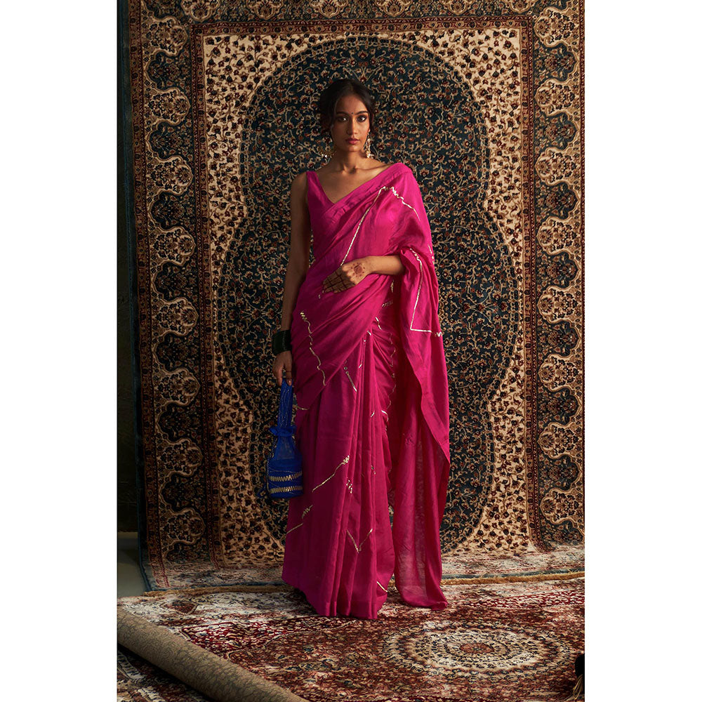 Charkhee Prarambh Rani Pink Embroidered Chanderi Saree with Stitched Blouse