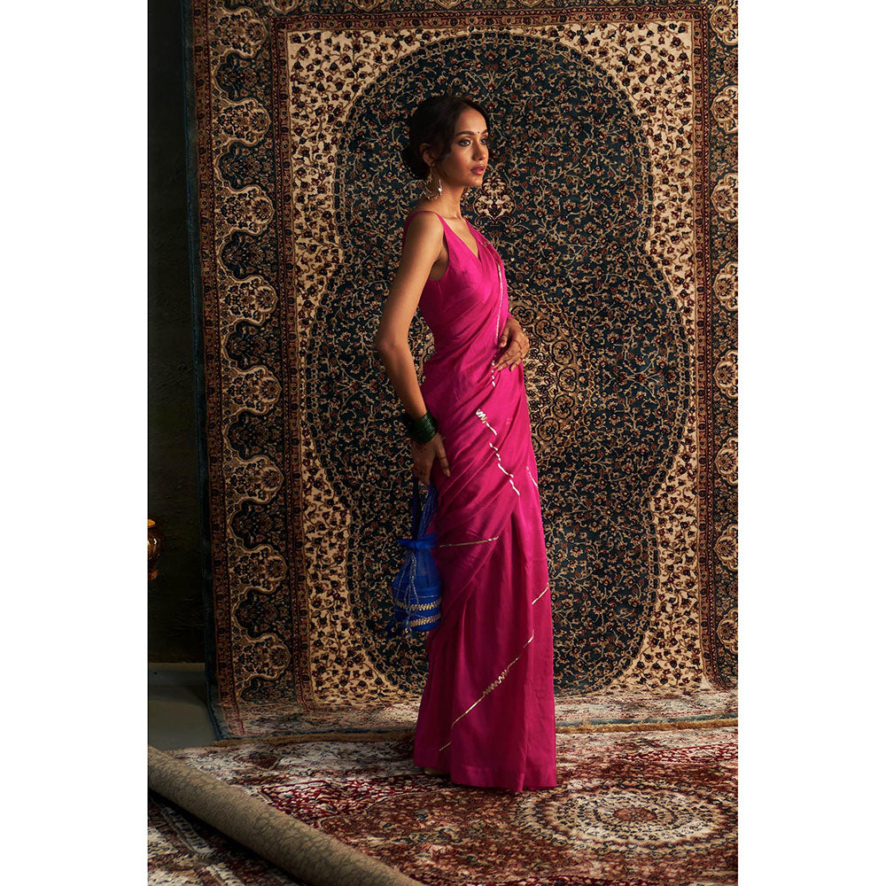 Charkhee Prarambh Rani Pink Embroidered Chanderi Saree with Stitched Blouse