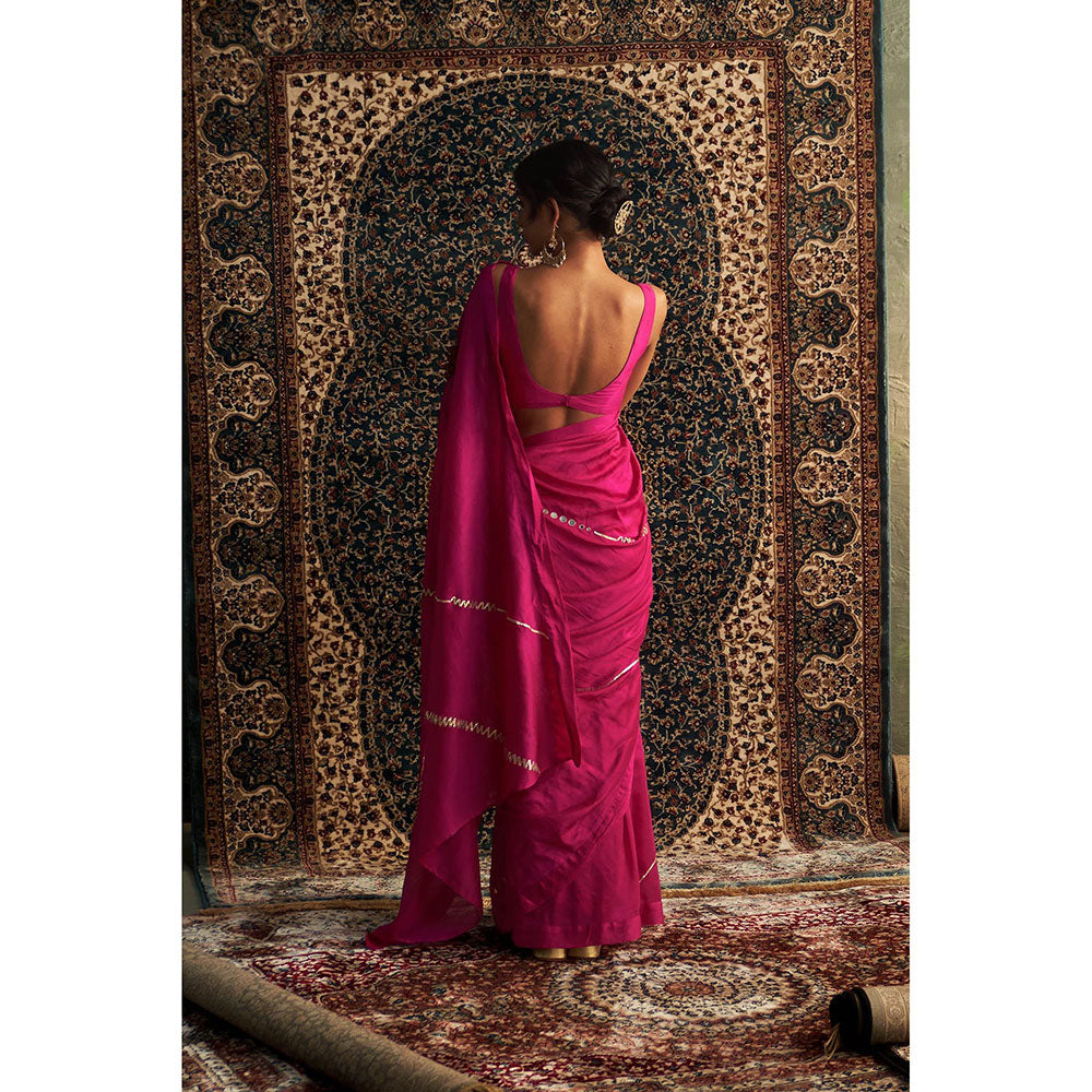 Charkhee Prarambh Rani Pink Embroidered Chanderi Saree with Stitched Blouse