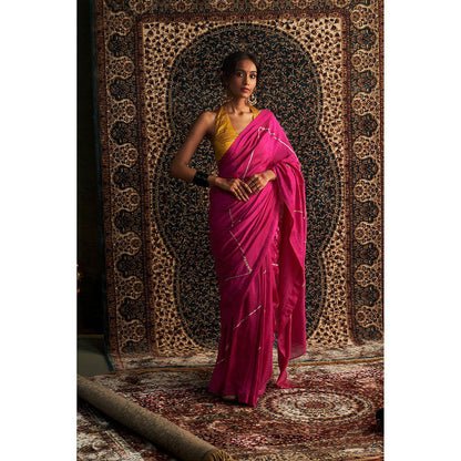 Charkhee Pink Prarambh Embroidered Chanderi Saree with Stitched Blouse