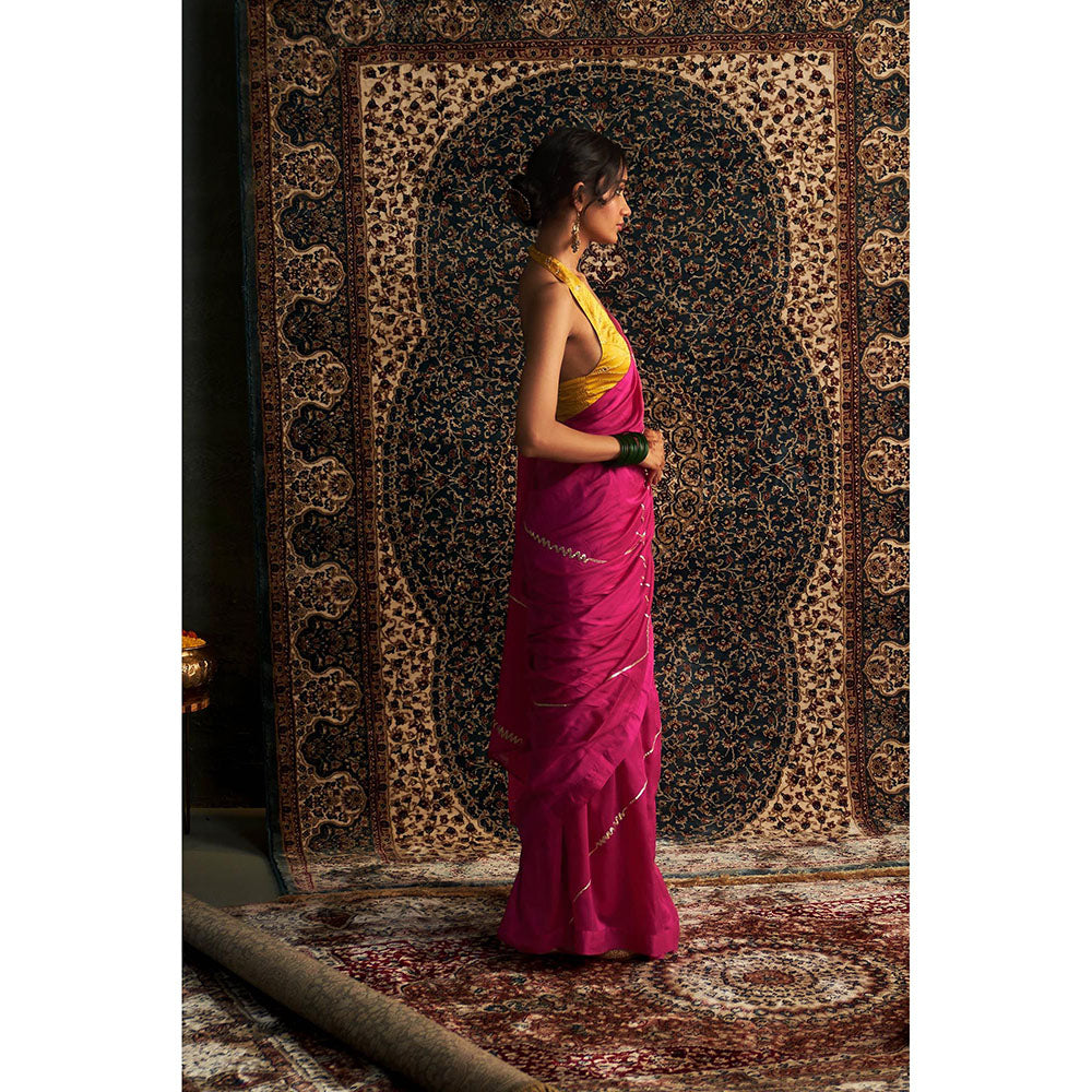 Charkhee Pink Prarambh Embroidered Chanderi Saree with Stitched Blouse