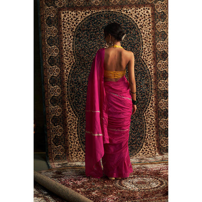 Charkhee Pink Prarambh Embroidered Chanderi Saree with Stitched Blouse